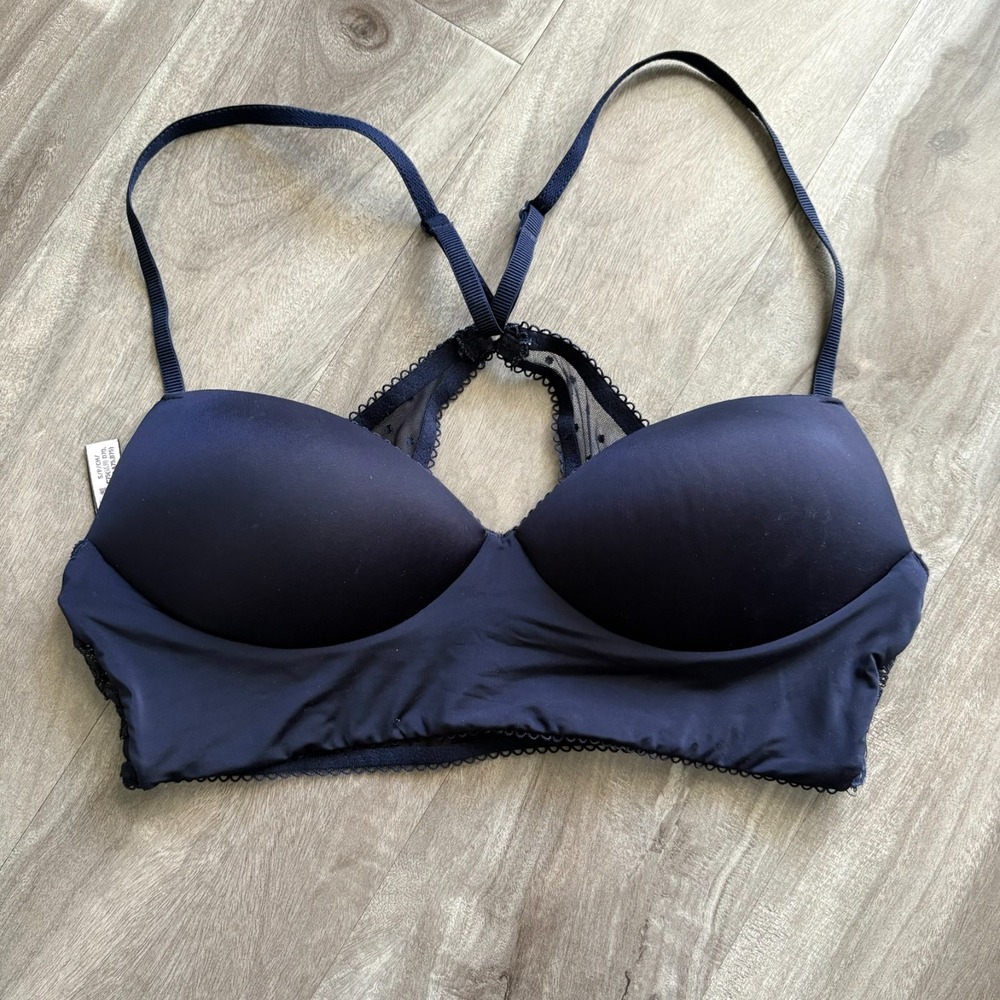 Victoria's Secret Padded Demi Bra‎ Navy Blue Lace Dot Mesh Size S/P Small/Petite